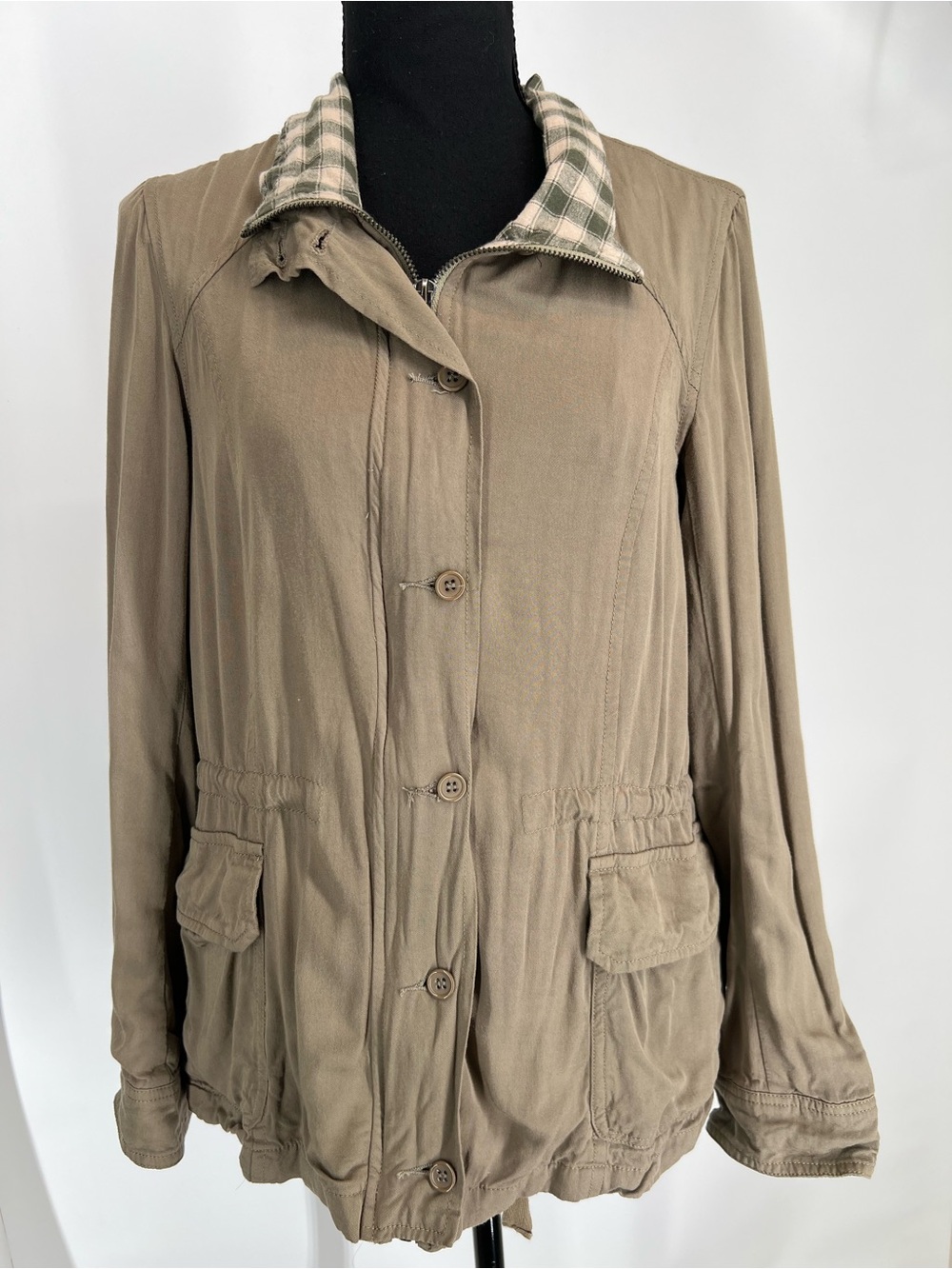 MYSTREE Taupe Utility Jacket with Plaid Collar
